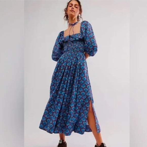 Nwot Free People Oasis Printed Midi Floral Blue  brown  Dress M - Picture 2 of 13